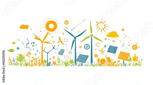 Flat design illustration of eco-friendly energy concepts featuring wind turbines, solar panels, and nature elements on a white background