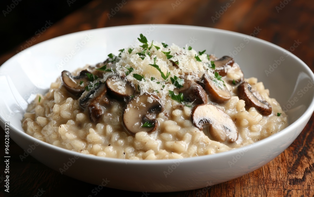 A creamy Italian risotto with wild mushrooms and Parmesan cheese, topped with fresh parsley A creamy Italian risotto with wild mushrooms and Parmesan cheese, topped with fresh parsley