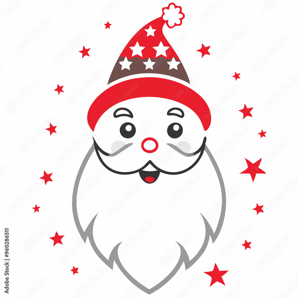 Funny Santa Claus illustration, cheerful face, colorful hat, festive stars decoration Funny Santa Claus illustration, cheerful face, colorful hat, festive stars decoration