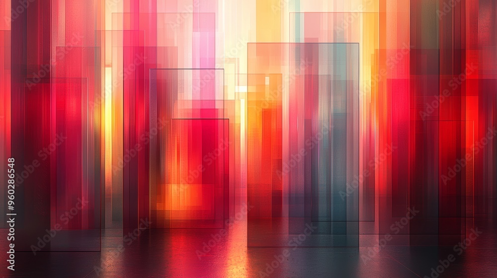 Colorful abstract geometric shapes illuminated by sunlight in a vibrant urban environment during sunset Colorful abstract geometric shapes illuminated by sunlight in a vibrant urban environment during sunset