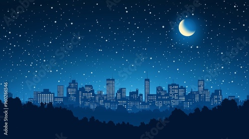 Flat design of a cityscape at night featuring illuminated buildings against a starry sky and a crescent moon