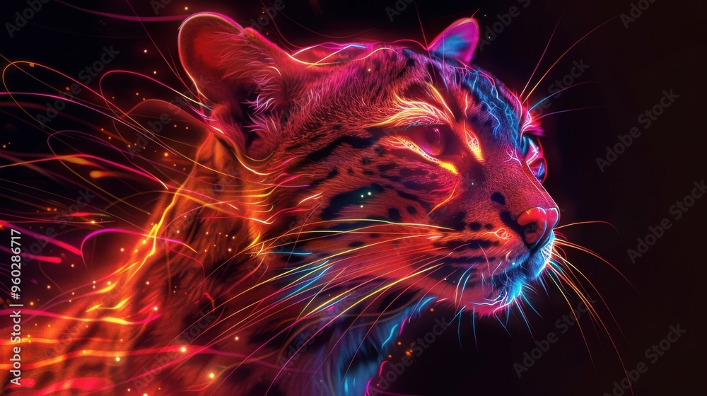 Neon Portrait of a Wildcat in Digital Art Neon Portrait of a Wildcat in Digital Art