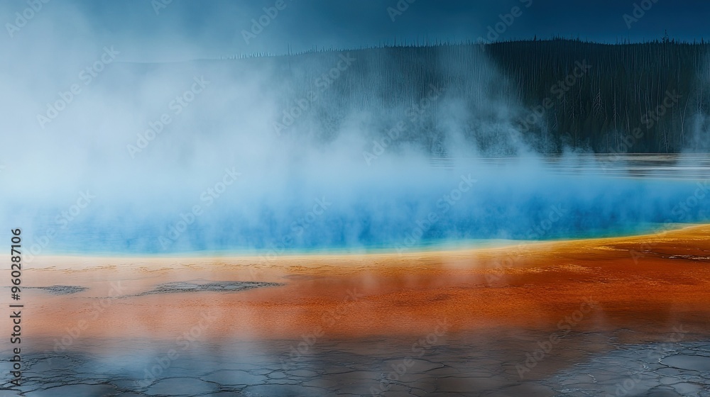 The vibrant colors of Yellowstone's Grand Prismatic Spring with steam rising into the cool air. The vibrant colors of Yellowstone's Grand Prismatic Spring with steam rising into the cool air.