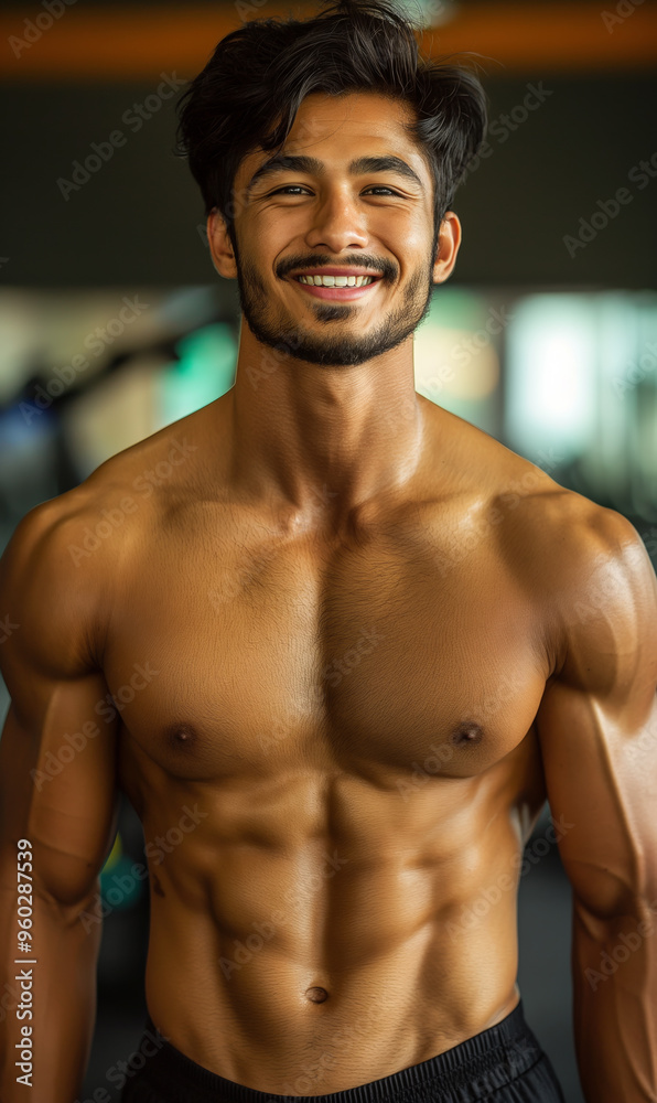 Portrait of a young and attractive Indian male personal trainer smiling confidently at the gym, showcasing his fitness. Portrait of a young and attractive Indian male personal trainer smiling confidently at the gym, showcasing his fitness.