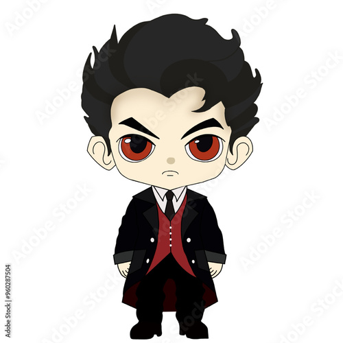 cartoon dracula boy on white background. Cute Dracula Cartoon wearing black and red cape. Funny Vampire character raised his hands up. Happy Halloween. Vector illustration