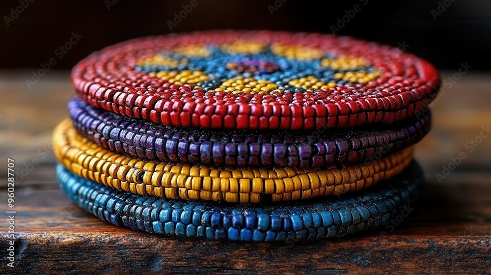 artisanal beaded coasters stacked on a rustic wooden surface intricate patterns and natural materials showcase handcrafted beauty and attention to detail artisanal beaded coasters stacked on a rustic wooden surface intricate patterns and natural materials showcase handcrafted beauty and attention to detail