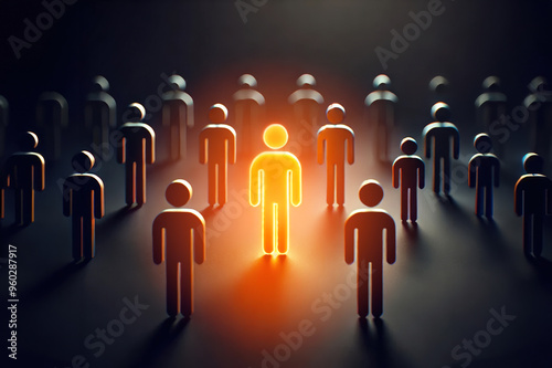 Glowing orange figure among dark silhouettes, symbolizing individuality and leadership – Human concept