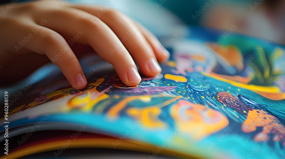 Hand Flipping Through a Children’s Book: A hand turning the pages of a vividly illustrated children’s book, with the artwork in the book partially visible.
Hand Flipping Through a Children’s Book: A hand turning the pages of a vividly illustrated children’s book, with the artwork in the book partially visible.