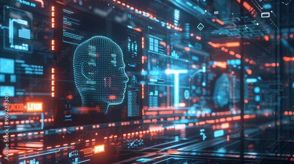 Obraz premium Digital Human Head in a Futuristic Interface
