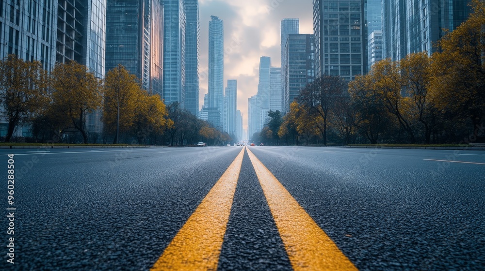 Pristine Empty Road Through Modern Cityscape at Morning Light Pristine Empty Road Through Modern Cityscape at Morning Light