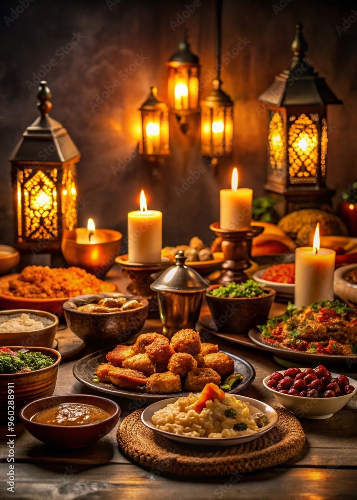 Naklejka premium Traditional Iftar Feast with Lanterns and Candles for Ramadan Celebration