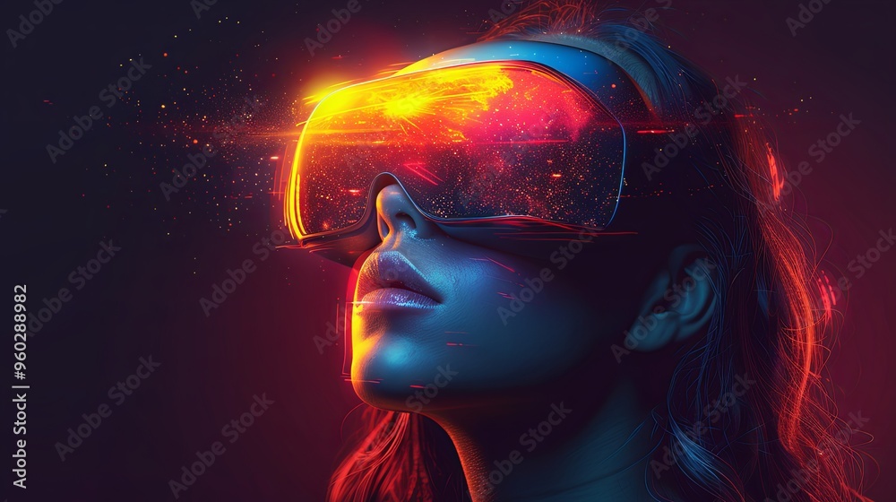 Augmented reality woman. Young girl wearing virtual reality glasses. Cyberspace and metaverse. Modern technologies and innovations. VR gadget and device. Flat vector illustration Augmented reality woman. Young girl wearing virtual reality glasses. Cyberspace and metaverse. Modern technologies and innovations. VR gadget and device. Flat vector illustration