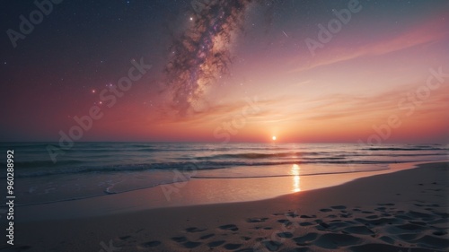 Stunning Cosmic Event over Serene Beach at Twilight. photo