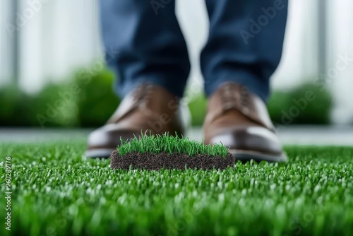 A person stands on lush artificial grass, showcasing the vibrant green texture and realistic appearance of synthetic turf flooring.