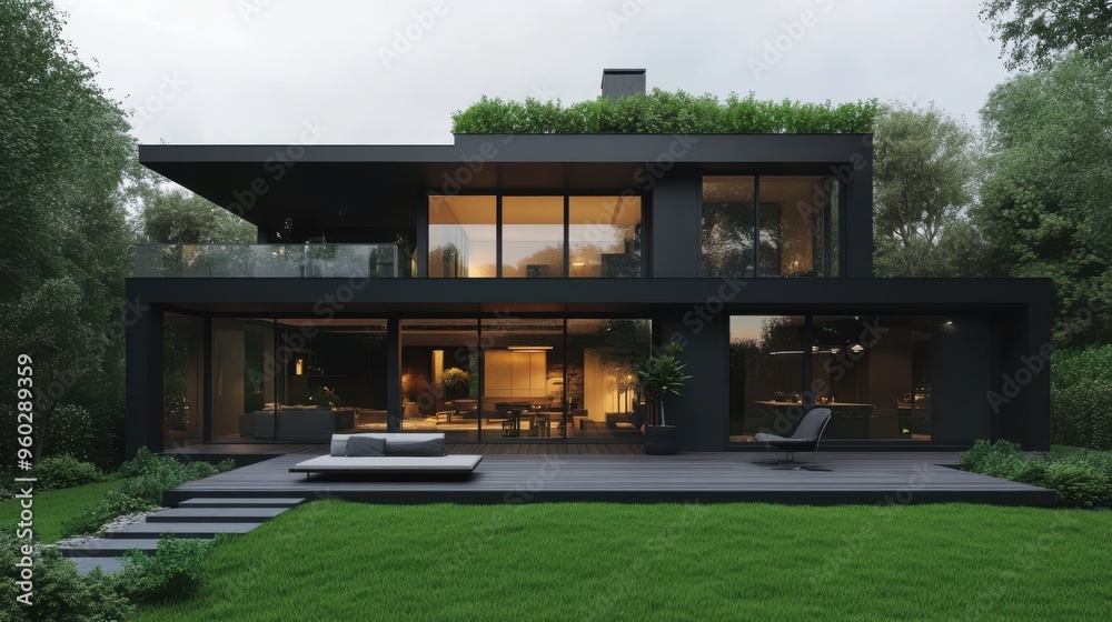 Modern house with large glass windows and greenery on the roof, surrounded by lush trees. Modern house with large glass windows and greenery on the roof, surrounded by lush trees.