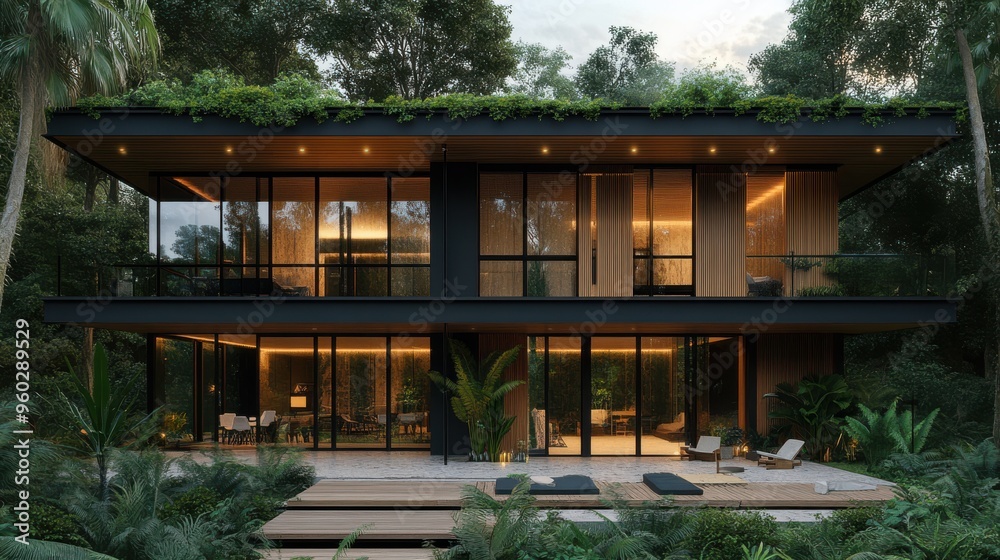 Modern house with large glass windows and greenery on the roof, surrounded by lush trees. Modern house with large glass windows and greenery on the roof, surrounded by lush trees.