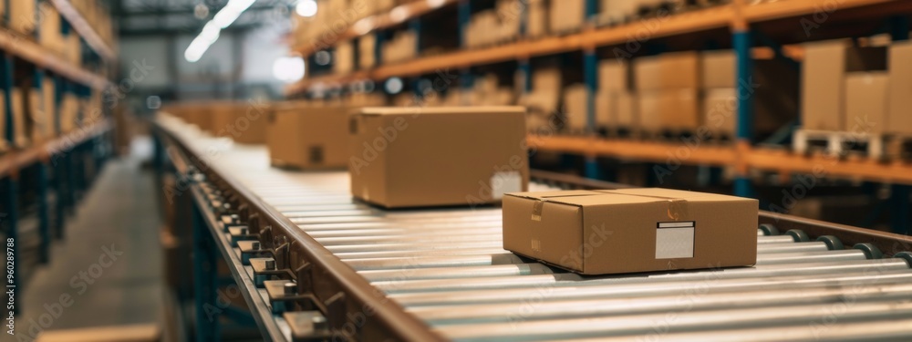 Cardboard boxes moving on conveyor belt in warehouse