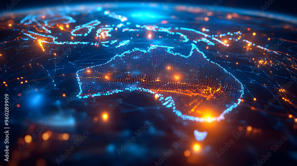 Digital representation of Australia with network connections. Digital representation of Australia with network connections.