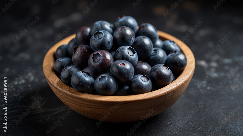Blueberries in Wooden Dish on Dark Stone Surface Blueberries in Wooden Dish on Dark Stone Surface