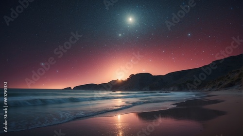 Serene Moonlit Beach with Starry Sky Reflection. photo