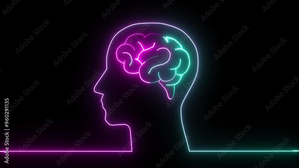 Brain and human head icon, Human head line icon animation. Glowing neon human head on black background. Human head with neon brain emblem, medicine, human body part, and human brain. Brain and human head icon, Human head line icon animation. Glowing neon human head on black background. Human head with neon brain emblem, medicine, human body part, and human brain.