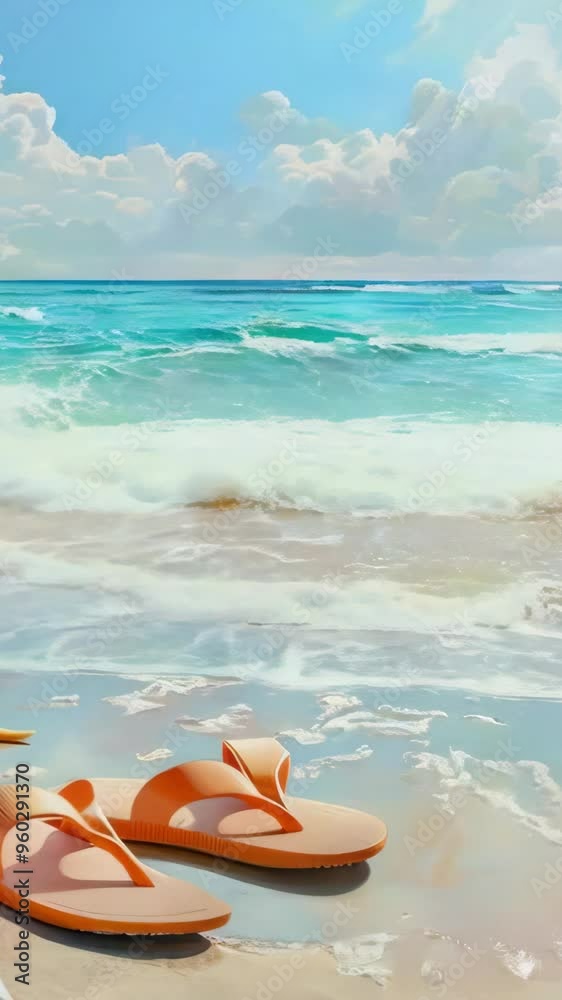 A beach hat and starfish resting on the shore of the turquoise ocean – AI animation, 4k video	