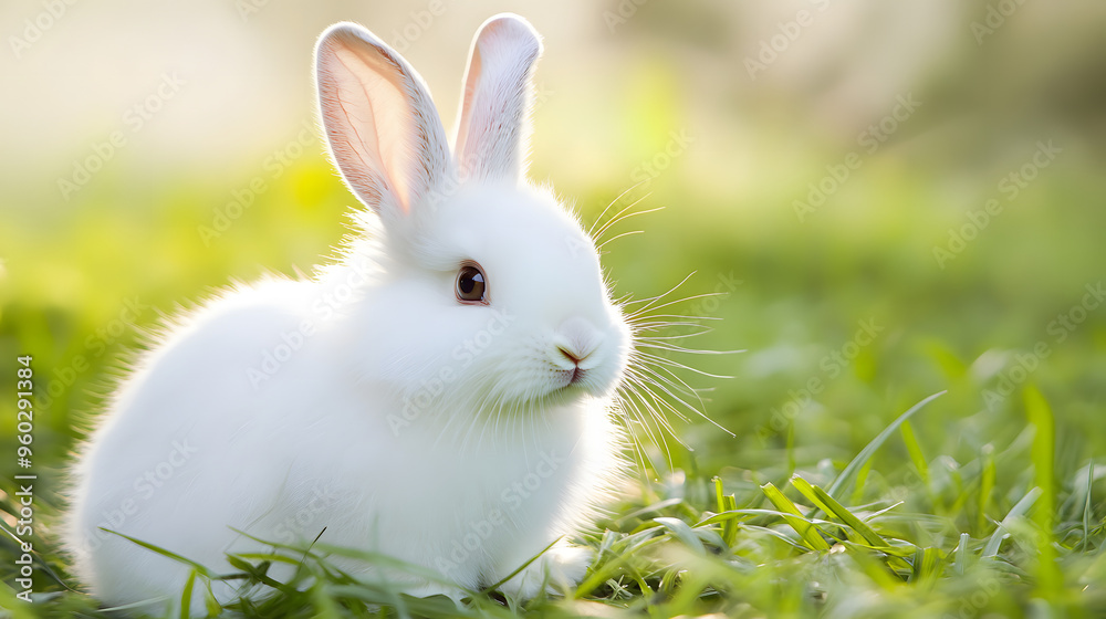 Fototapeta premium Endearing Portrait of a Fluffy White Bunny with Long Ears and Bright Eyes, Sitting Among Fresh Green Grass. This Adorable Bunny Exudes Charm and Innocence in a Natural, Serene Outdoor Setting