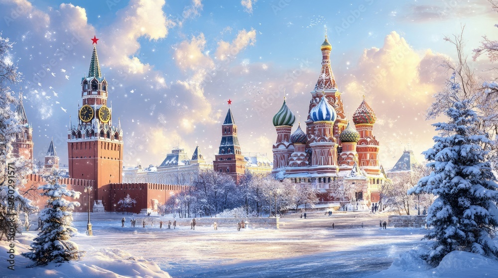 Obraz premium Winter view of Red Square in Moscow, with the snow-covered Kremlin and St. Basil's Cathedral.