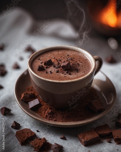 Steaming Cup of Hot Chocolate with Dark Chocolate Pieces and Cocoa Powder Background for Cozy Winter Beverage Concept.