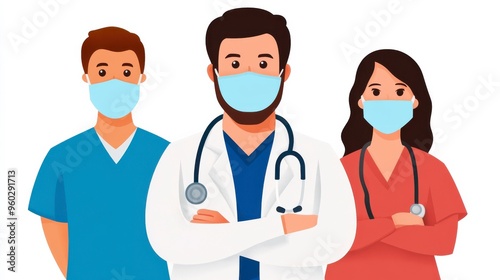 Group of healthcare professionals wearing masks, representing teamwork and dedication in the medical field during health crises.