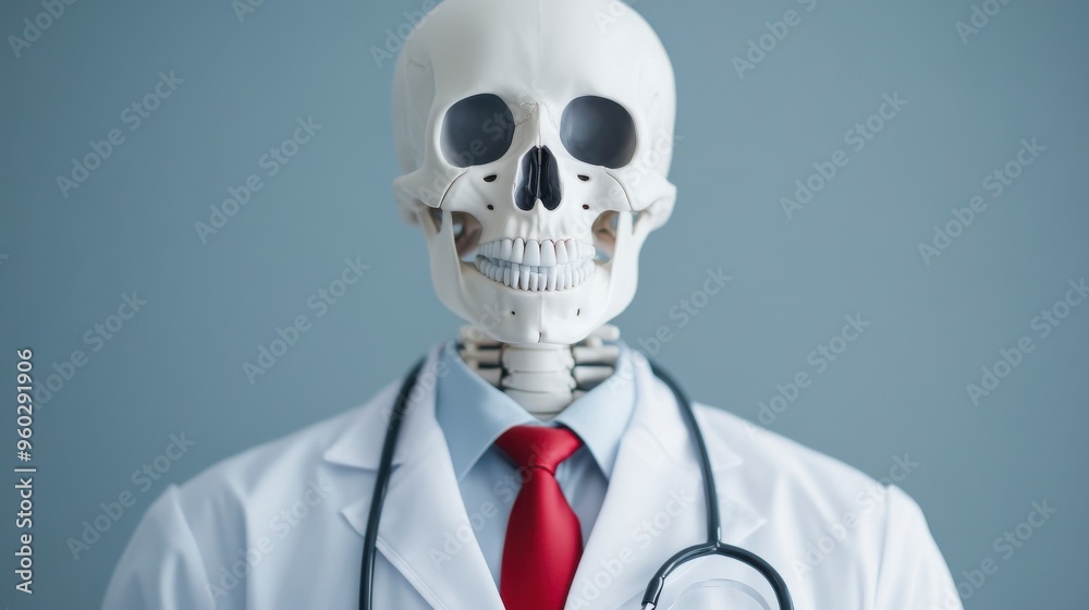 A medical skeleton in a doctor's coat and tie, symbolizing health and anatomy in a clinical setting. A medical skeleton in a doctor's coat and tie, symbolizing health and anatomy in a clinical setting.