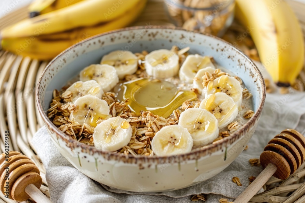 Healthy Breakfast Bowl with Banana Slices, Granola, and Honey - Perfect for Nutritious Start Healthy Breakfast Bowl with Banana Slices, Granola, and Honey - Perfect for Nutritious Start