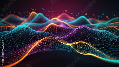 Abstract technology stream background. Digital dynamic wave of dots. Network connection structure. 3D rendering.