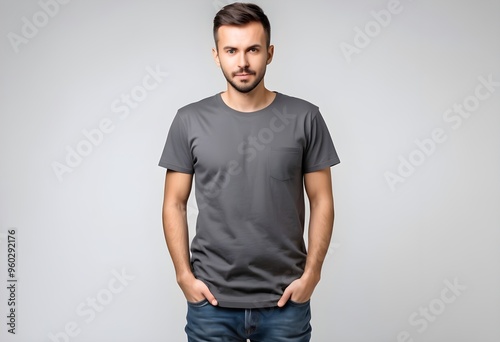 Man wearing dark grey t shirt isolated on white background. Hands in the pockets.