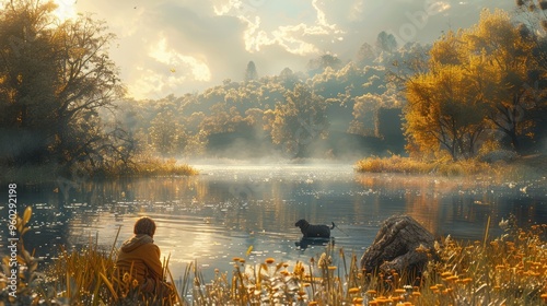 a person meditates on the bank of a river or lake photo