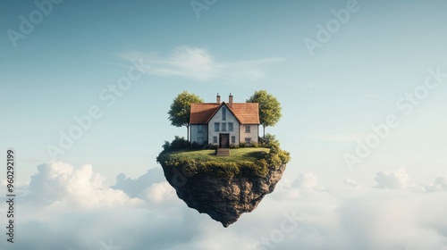 A surreal floating house surrounded by clouds, symbolizing dreams and imagination in a whimsical landscape.