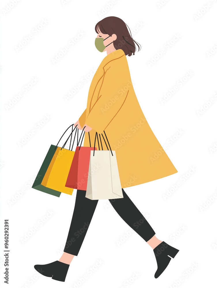 A woman wearing a medical mask, walking and shopping with several bags in her hands. A woman wearing a medical mask, walking and shopping with several bags in her hands.