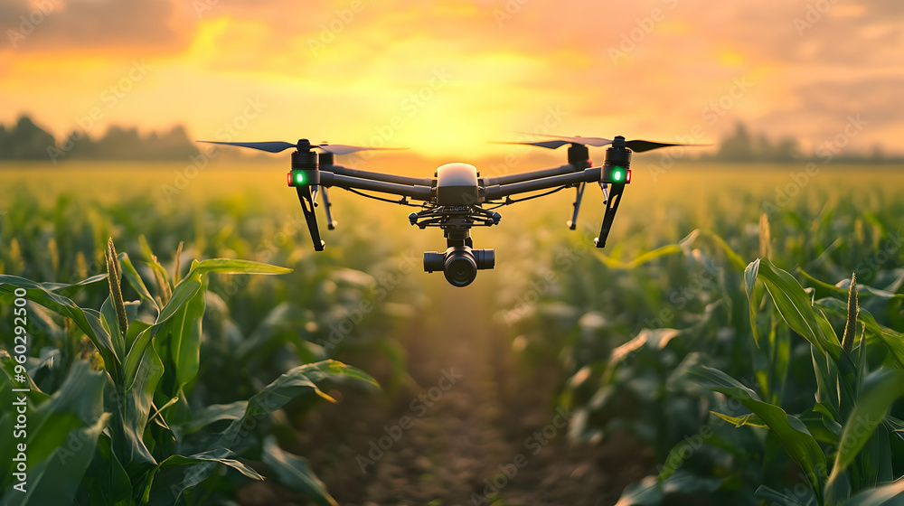 Drone flying over a cornfield at sunset, showcasing agricultural technology. Drone flying over a cornfield at sunset, showcasing agricultural technology.