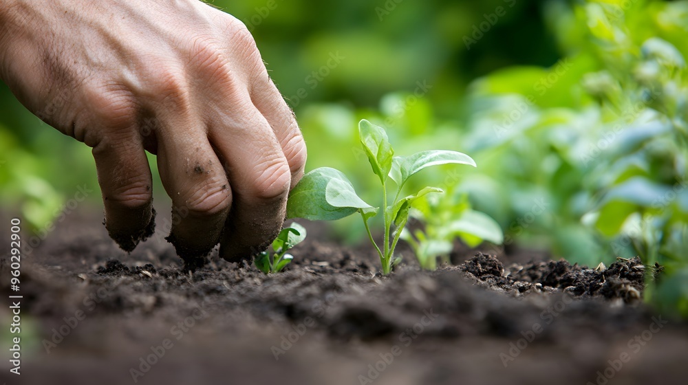 Gardener’s Hand Planting a Seedling: A gardener's hand gently planting a seedling in rich soil, with green foliage in the background.
Gardener’s Hand Planting a Seedling: A gardener's hand gently planting a seedling in rich soil, with green foliage in the background.