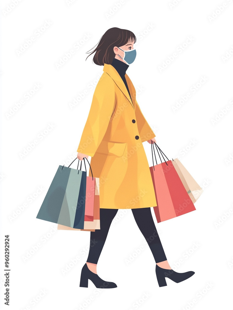 A woman wearing a medical mask, walking and shopping with several bags in her hands. A woman wearing a medical mask, walking and shopping with several bags in her hands.