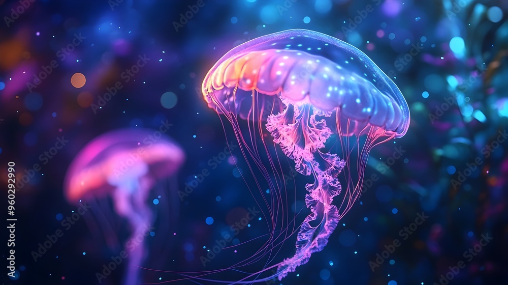 Obraz premium Ethereal Bioluminescent Jellyfish Pulsating in Serene Underwater Environment