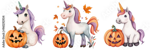 Cute unicorns with pumpkins celebrate Halloween in a whimsical, fall-themed illustration. Perfect for festive, fantasy, and holiday designs.