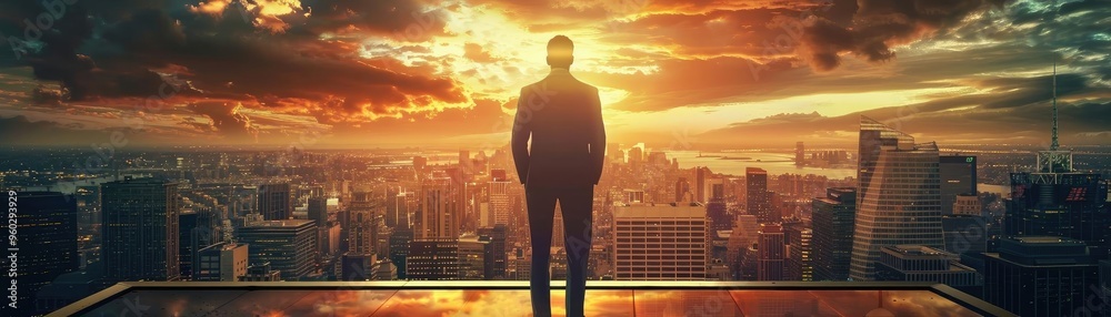 A solitary figure gazes at a stunning sunset over a city skyline, embodying reflection and inspiration in a modern landscape. A solitary figure gazes at a stunning sunset over a city skyline, embodying reflection and inspiration in a modern landscape.