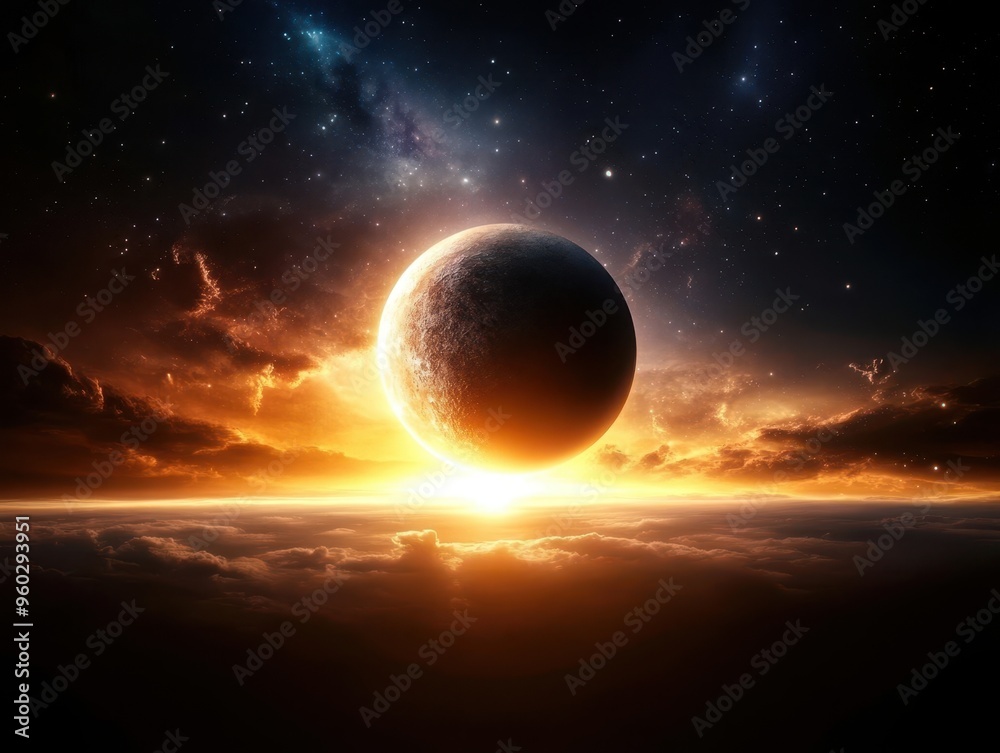 A stunning celestial view of a planet rising above the clouds, illuminated by vibrant cosmic colors at sunrise. A stunning celestial view of a planet rising above the clouds, illuminated by vibrant cosmic colors at sunrise.