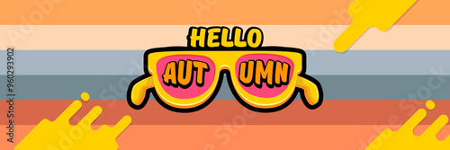 Super Hello Autumn vector banner with text and retro yellow sunglasses isolated on stripped background. Hello Autumn poster design template with cartoon sunglasses, retro rainbow, good vibes