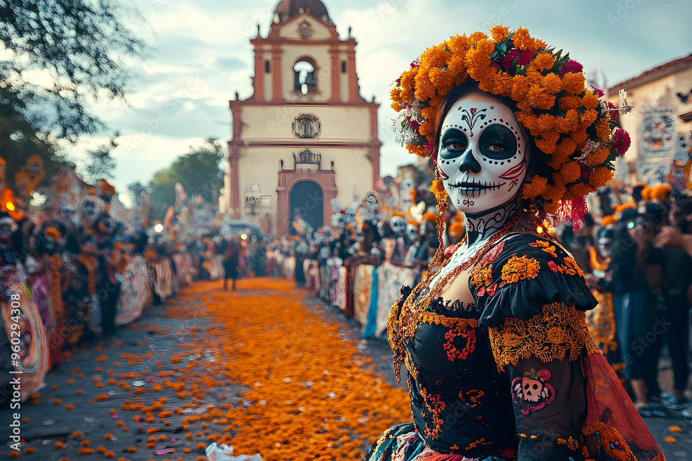 Fototapeta premium A woman in elaborate traditional attire stands among a colorful procession during Día de los Muertos, surrounded by marigolds and joyful participants celebrating the holiday
