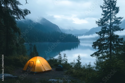 A tent glows in the twilight by a lake. Perfect for illustrating camping, nature, and serenity.