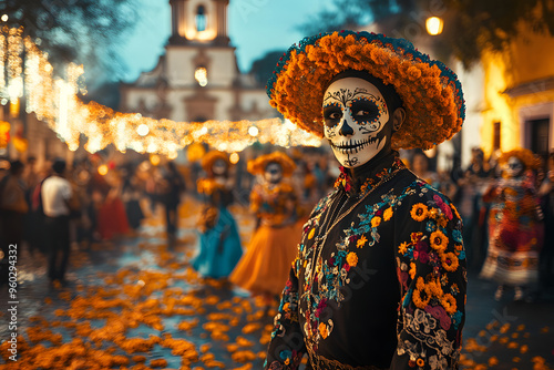 Participants dressed in elaborate costumes and vibrant skull makeup celebrate Día de los Muertos in a lively plaza decorated with marigolds while music fills the air
