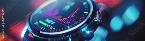 Close-up of a modern smartwatch displaying vivid graphs and data metrics, showcasing technology and innovation. photo