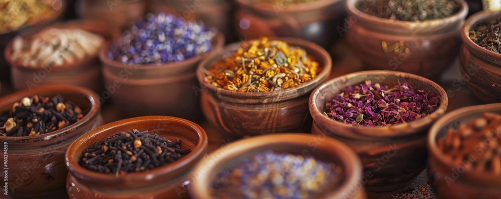 Fototapeta premium A colorful collection of spices in clay pots, showcasing vibrant textures and aromas, ideal for culinary or cultural themes.